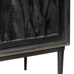 Close-up of a dark wooden cabinet with a textured surface and visible grain.