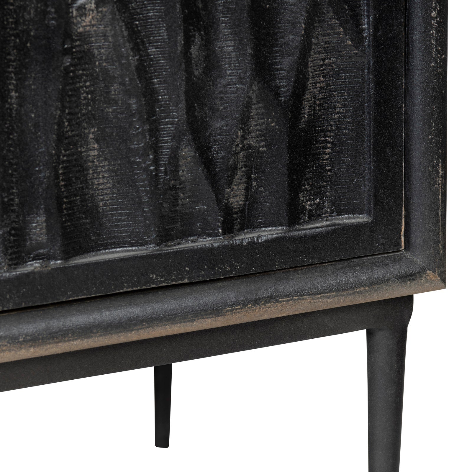 Close-up of a dark wooden cabinet with a textured surface and visible grain.