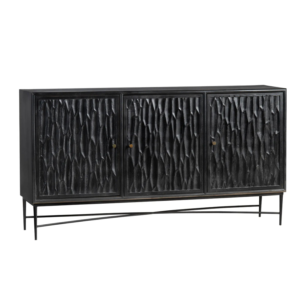 Black textured sideboard with metal legs on a white background