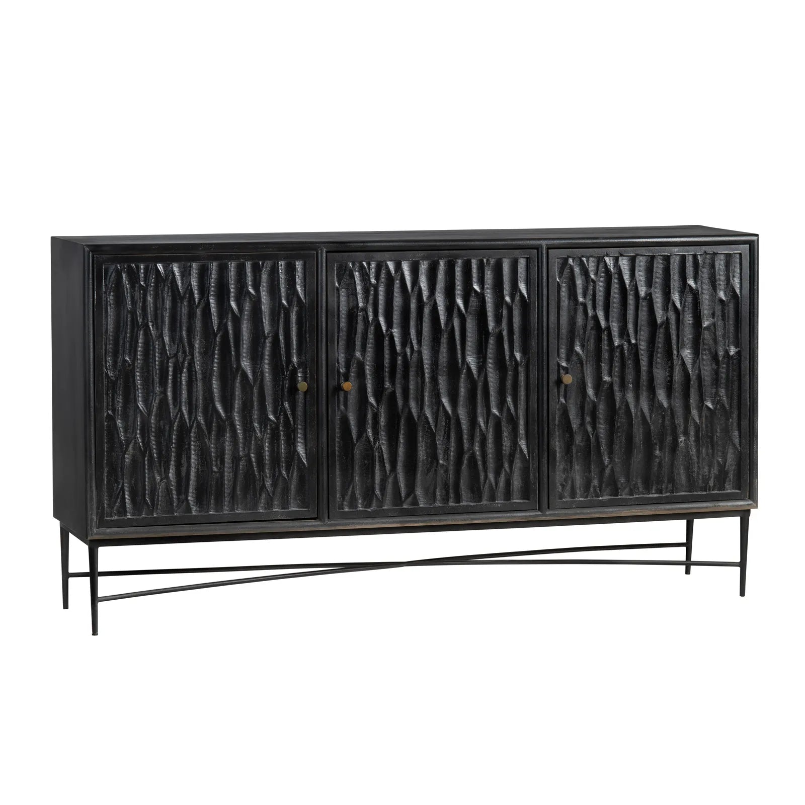 Black textured sideboard with metal legs on a white background