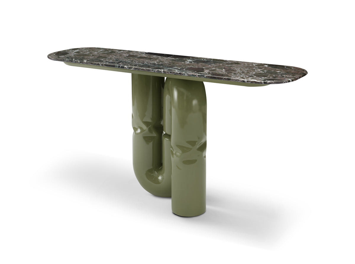 Modern table with a marble top and green cylindrical base on a white background