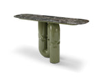 Modern table with a marble top and green cylindrical base on a white background