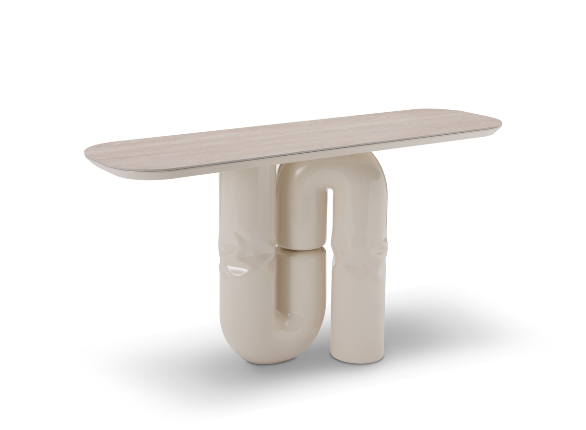 Modern console table with pipe-like base on a white background