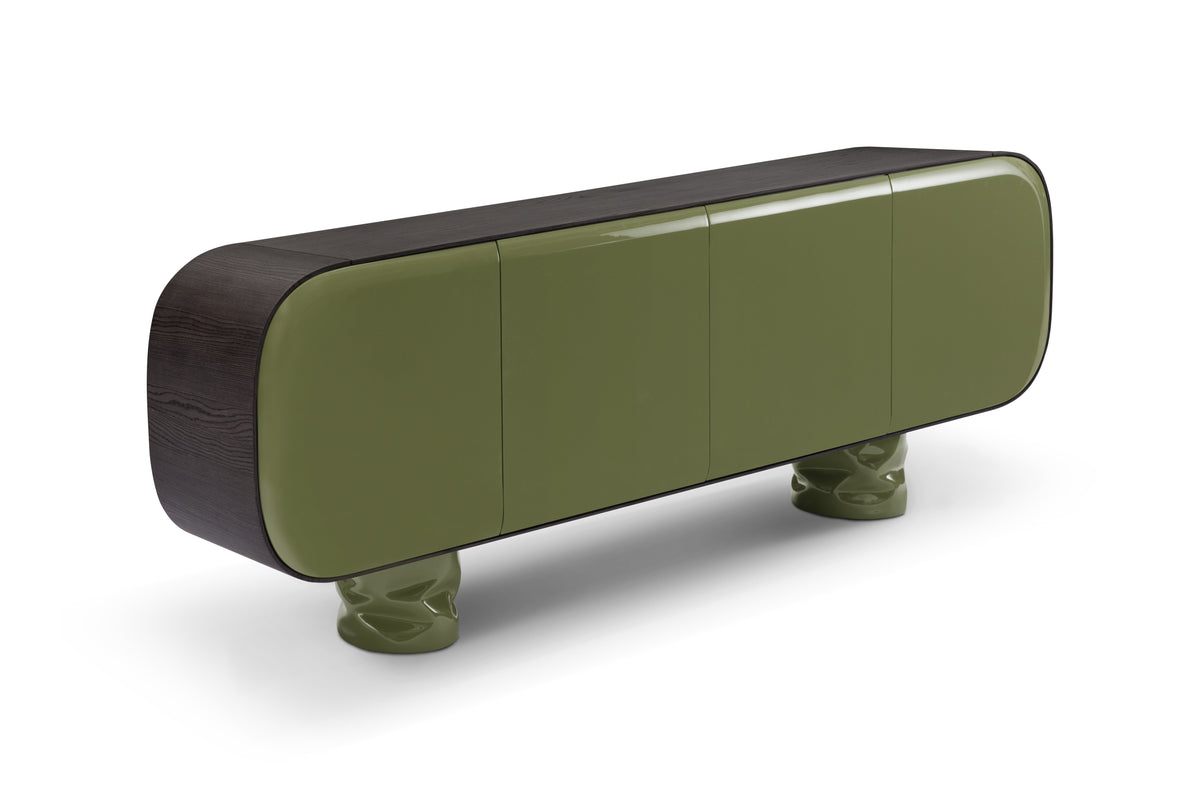 Long, narrow green bench with dark brown top on a white background