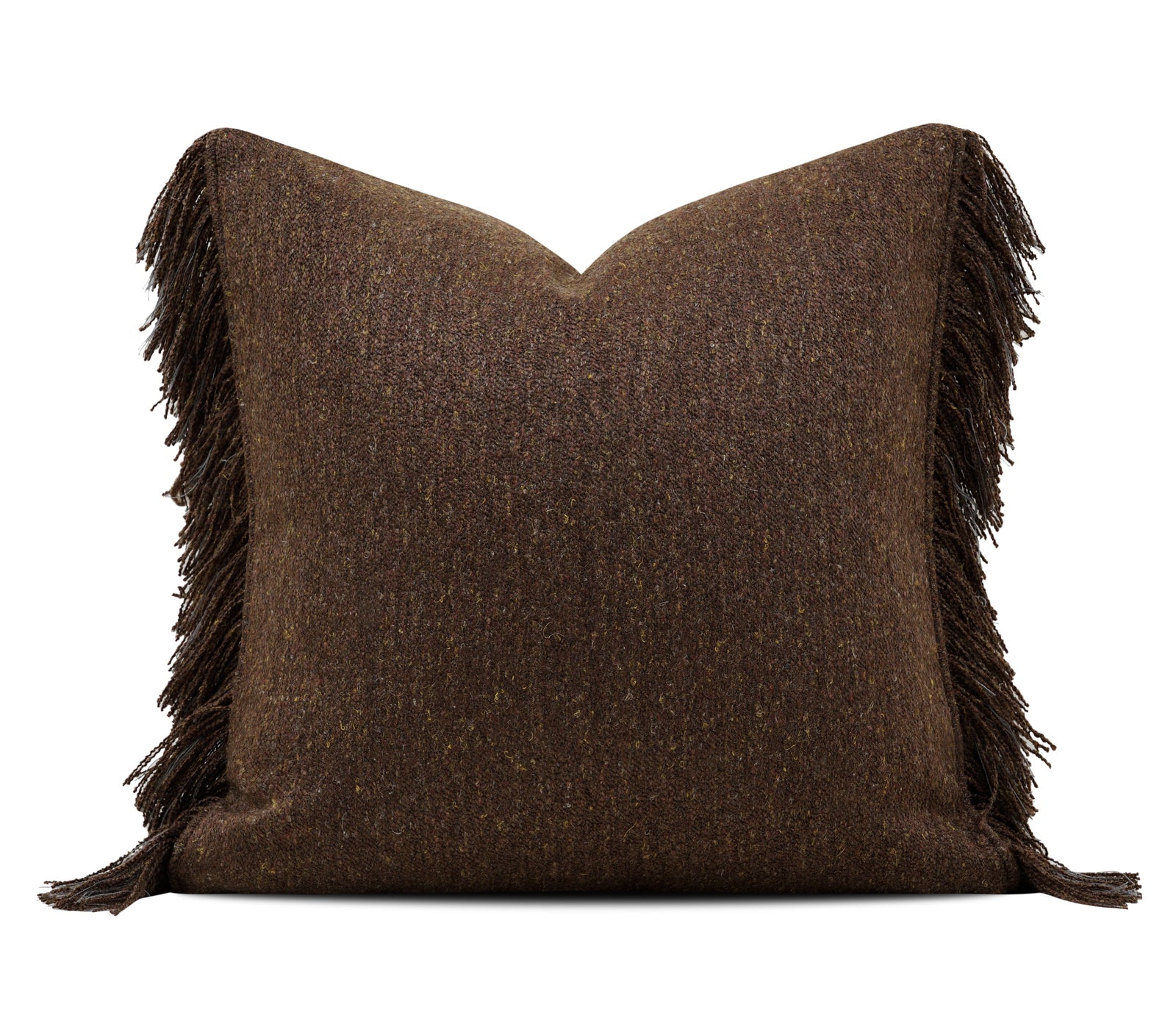 A square brown textured throw pillow with fringe trim on the sides, shown against a white background with a light gray footer containing the brand name YMIBY.