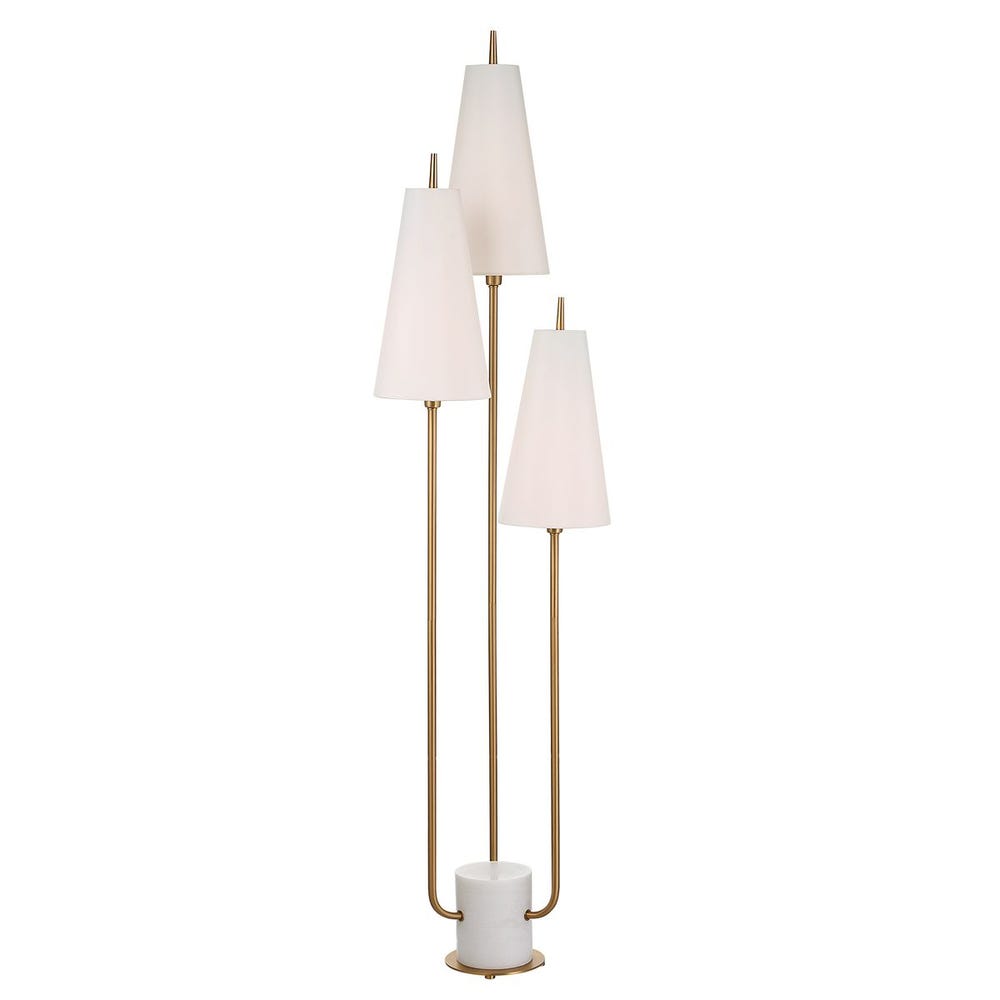 Three-tiered floor lamp with white lampshades on a white background