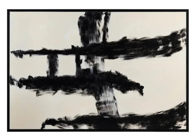 This image features a striking piece of wall art titled "Explosions Wall Art." The artwork is a bold, abstract expressionist piece, characterized by dynamic, fluid black brush strokes against a stark white background.