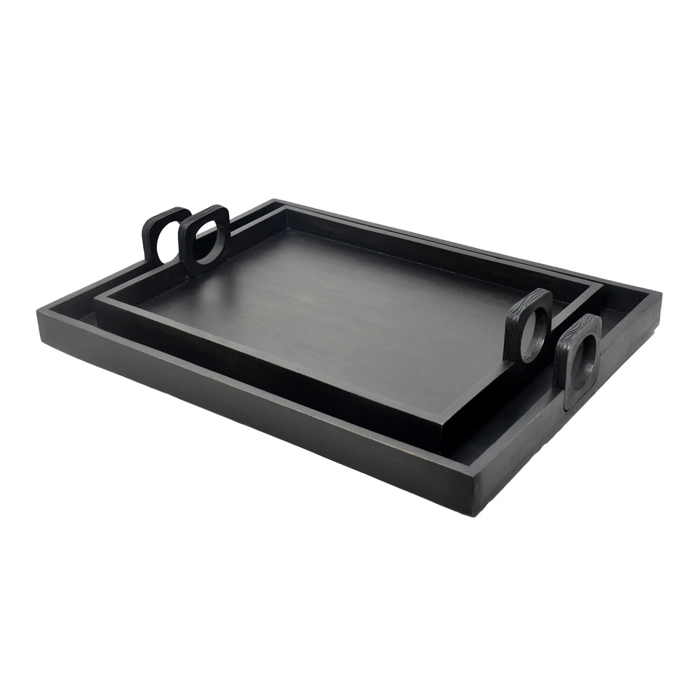 Two black serving trays with handles, displayed against a white background.