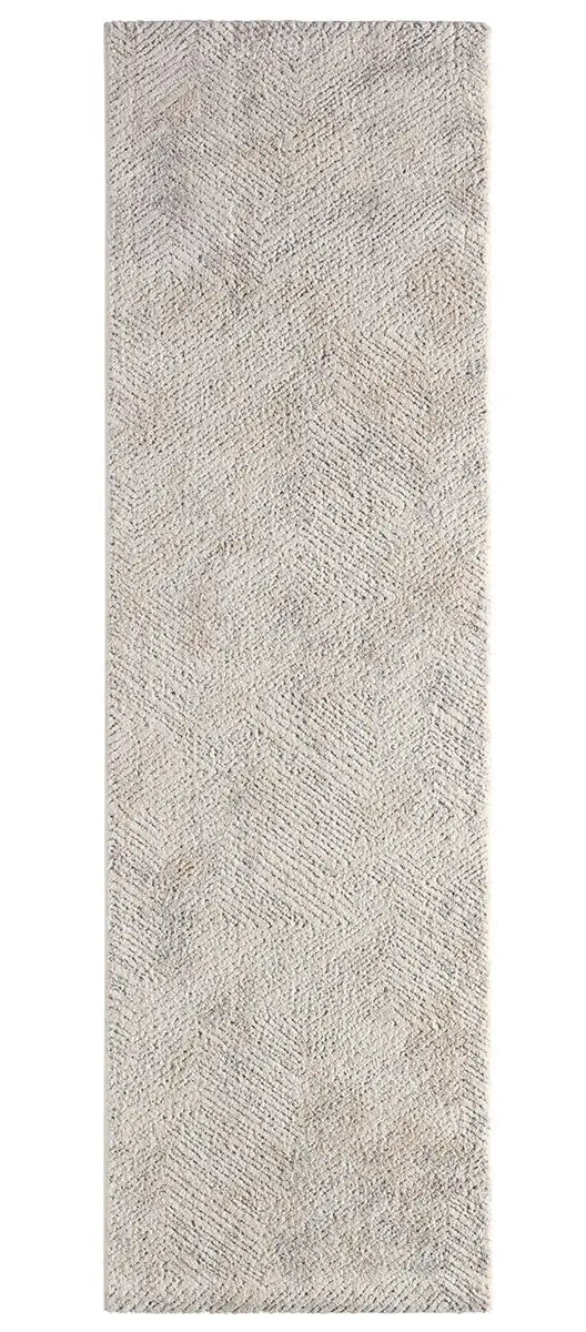 Long rectangular rug with a textured pattern on a white background