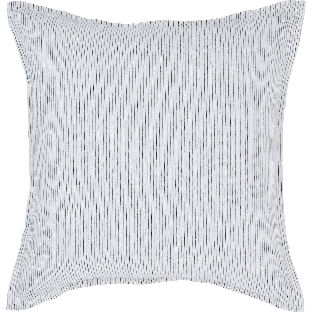 A square-shaped throw pillow with a double-sided white and black stripe design on a white background.