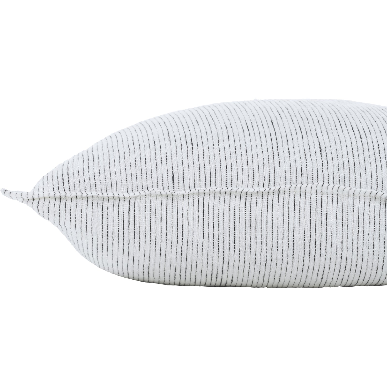 A square-shaped throw pillow with a double-sided white and black stripe design on a white background.