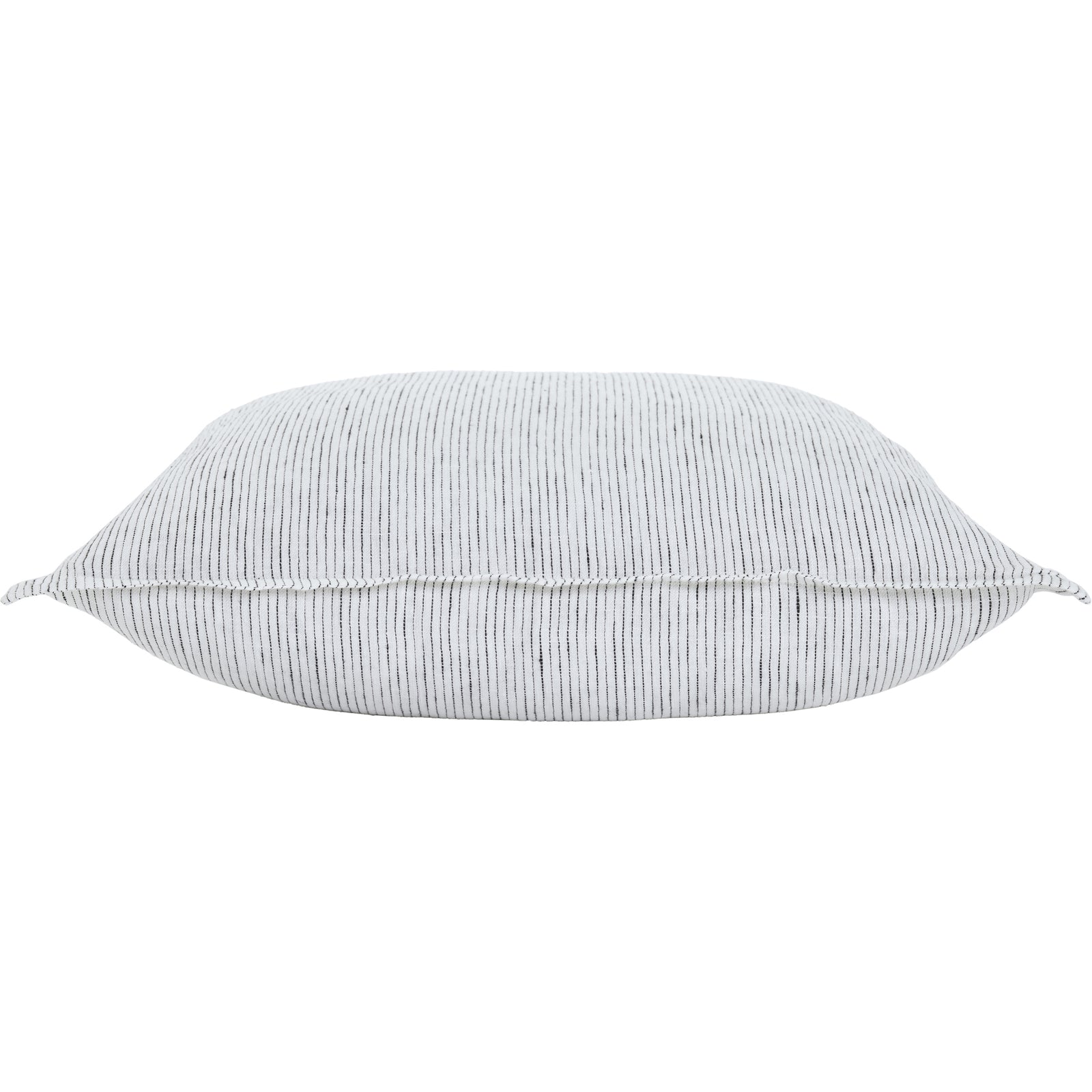 A square-shaped throw pillow with a double-sided white and black stripe design on a white background.