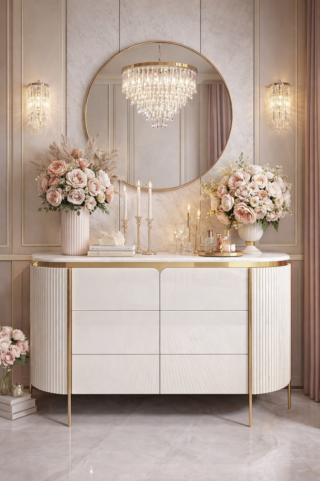 Luxurious interior with a white dresser, round mirror, and floral arrangements.