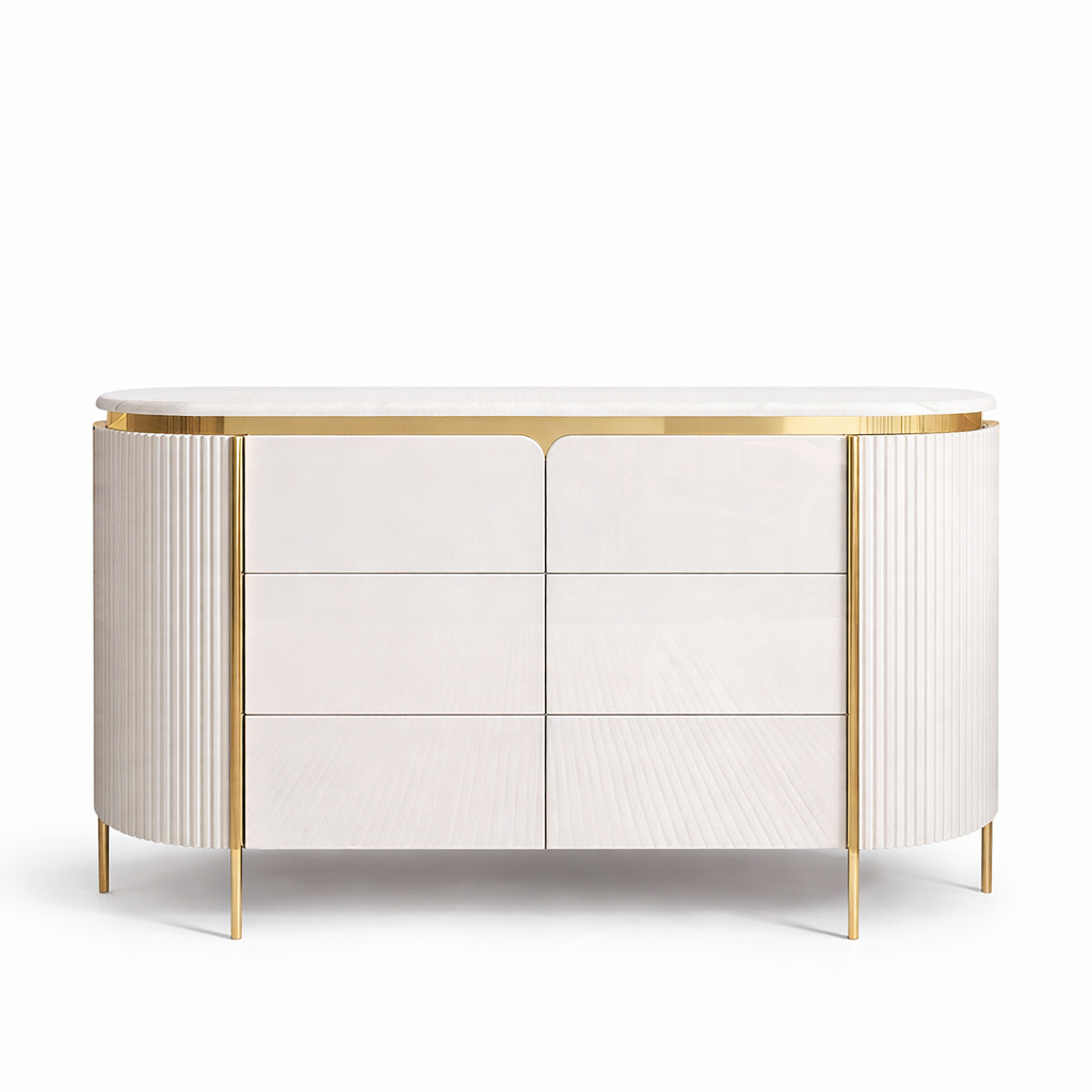White and gold sideboard on a white background