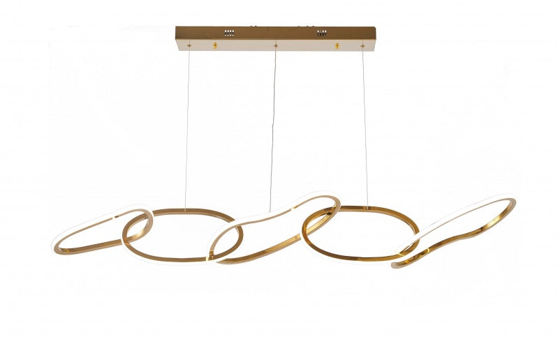 Three brass LED chandeliers with a modern design, featuring circular light covers and hanging from a bar with a beige background.