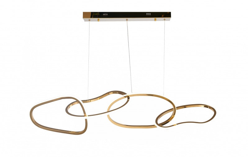 A contemporary brass LED chandelier with an arched design featuring multiple ring-shaped components, suspended by a single cord.
