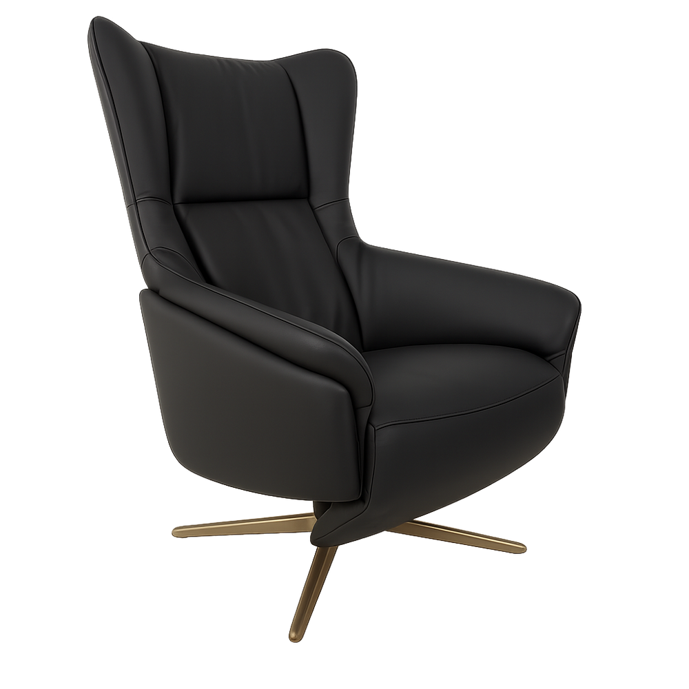 Black armchair with a gold base on a white background