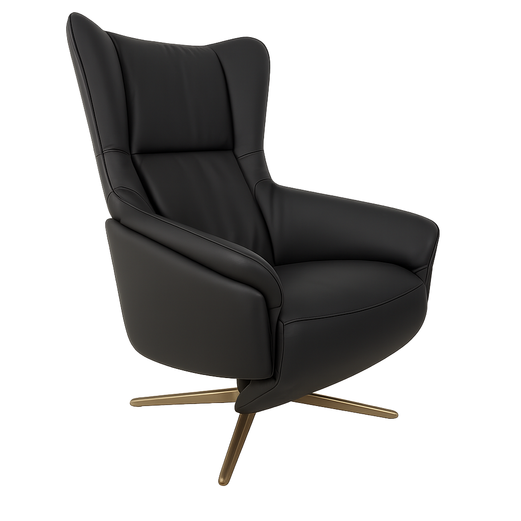 Black armchair with a gold base on a white background