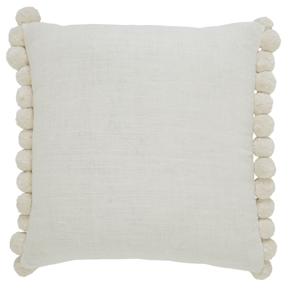 A square-shaped decorative pillow with solid pattern and pom pom detailing on the edges, primarily in a natural white color.