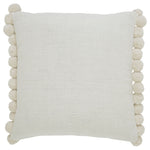 A square-shaped decorative pillow with solid pattern and pom pom detailing on the edges, primarily in a natural white color.