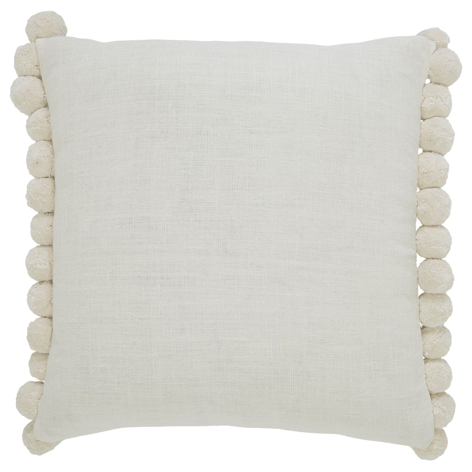 A square-shaped decorative pillow with solid pattern and pom pom detailing on the edges, primarily in a natural white color.