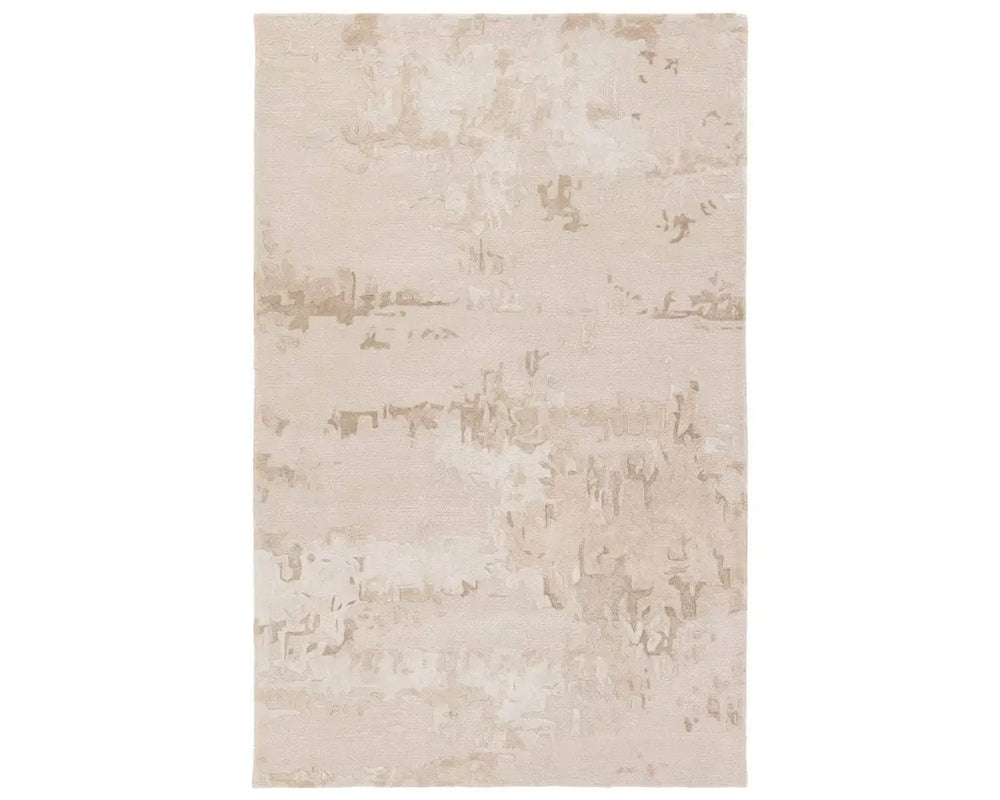 A beige and gray area rug with a textured design, hand tufted construction, and a viscose and wool blend.