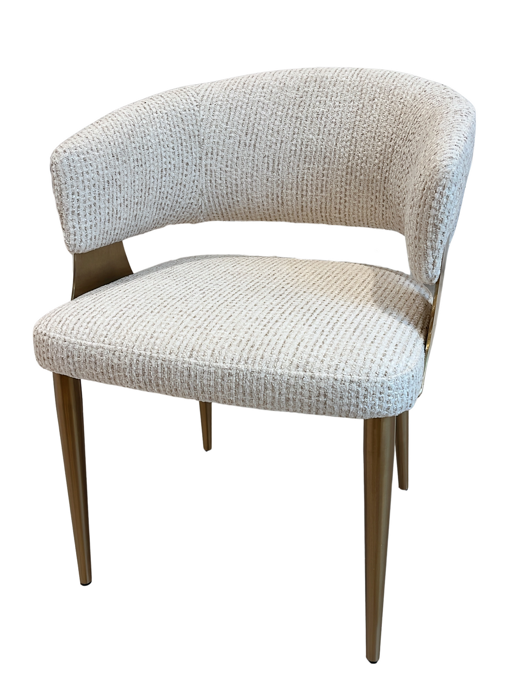 Chair with textured beige cushioned seat and backrest on a white background