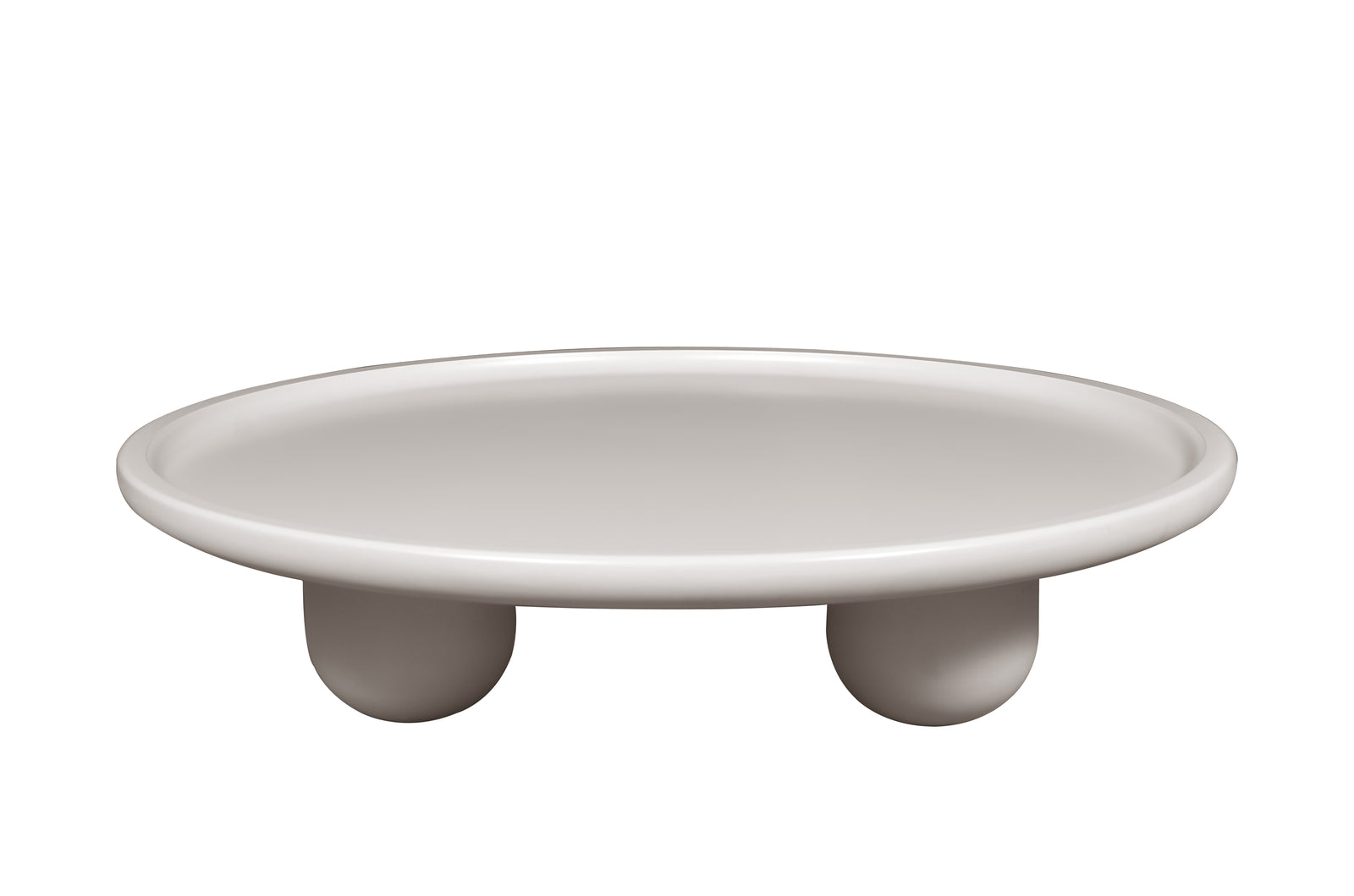 A white, round coffee table with a smooth top and three pedestal legs.