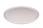 A white, round coffee table with a smooth top and three pedestal legs.