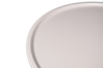 A white, round coffee table with a smooth top and three pedestal legs.