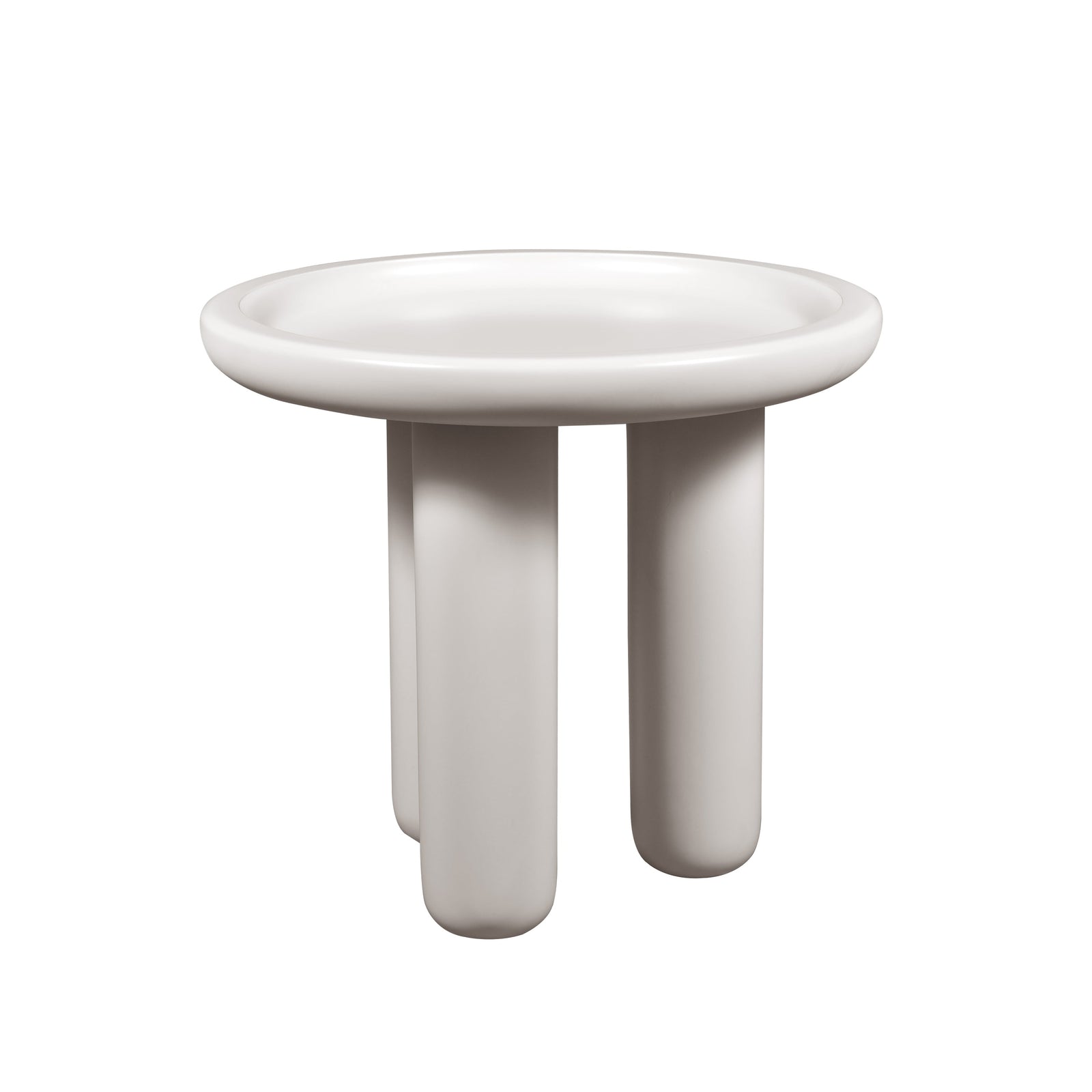 Small round table with three cylindrical legs on a white background