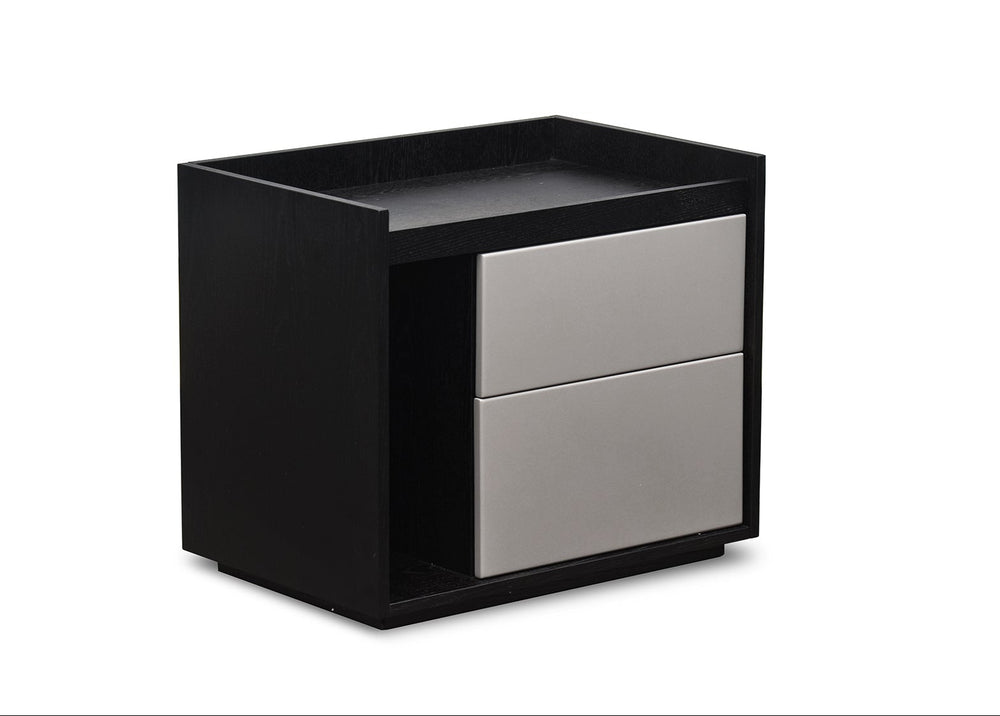 Black and gray storage unit with a drawer on a white background