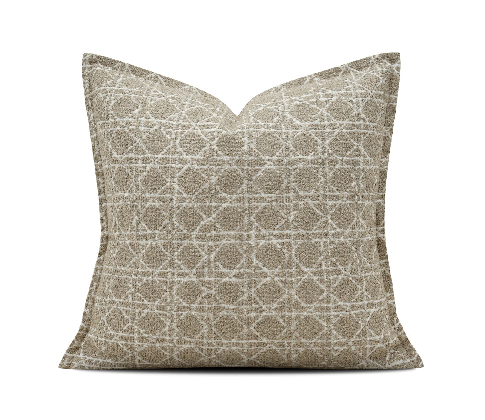 A square throw pillow with a beige and off-white geometric lattice pattern, shown against a plain white background with a brand watermark at the bottom.
