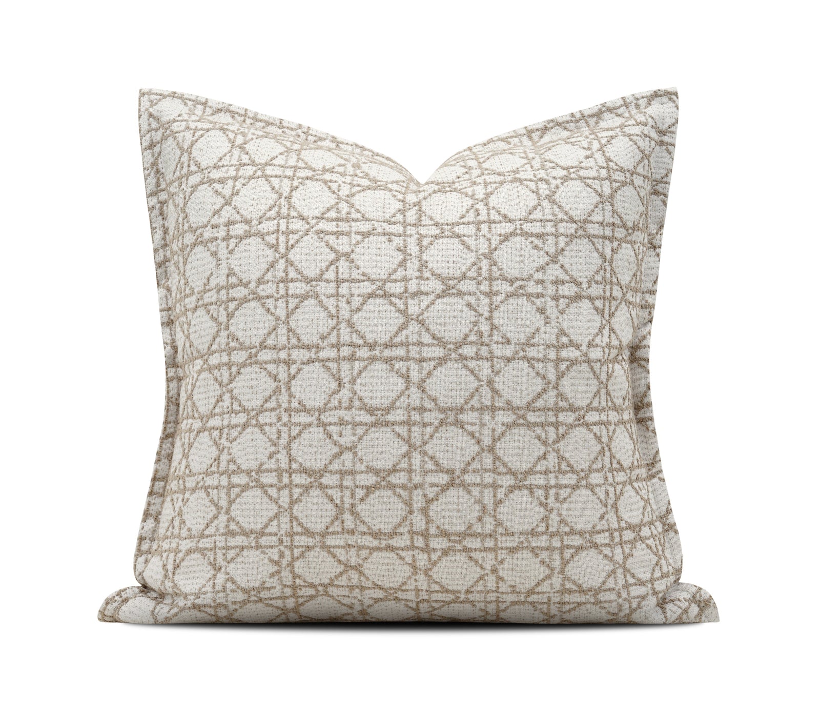 A square throw pillow with a beige geometric lattice pattern on a white textured fabric, shown against a plain white background with a brand watermark at the bottom.