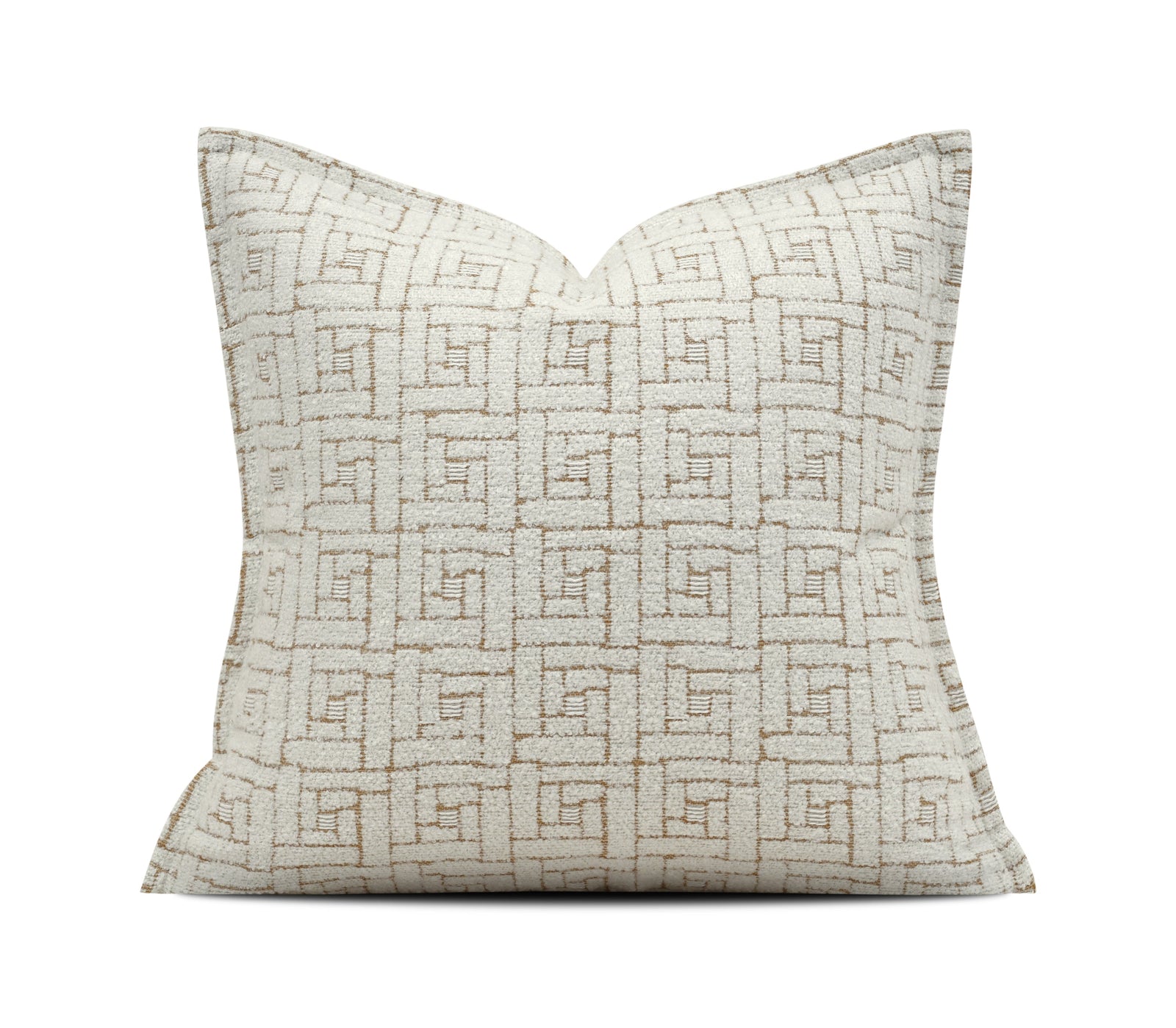 A square decorative throw pillow with a beige and brown geometric patterned fabric, shown against a white background with a brand logo at the bottom.