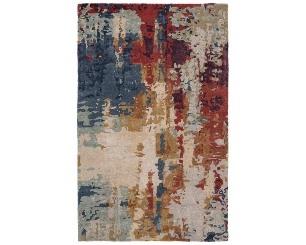 A rectangular area rug featuring a geometric pattern with a mix of blue, red, and beige colors.