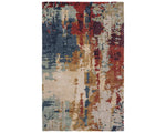 A rectangular area rug featuring a geometric pattern with a mix of blue, red, and beige colors.
