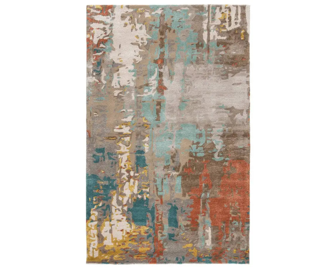 A rectangular area rug featuring a geometric pattern with a mix of blue, red, and beige colors.
