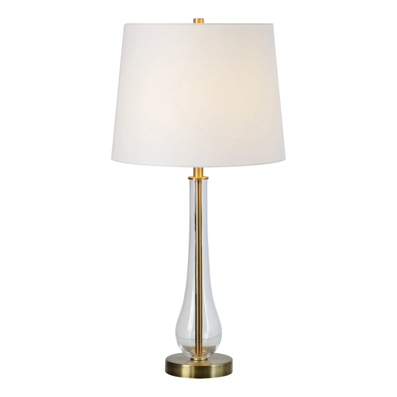 Table lamp with a white shade and metallic base on a white background