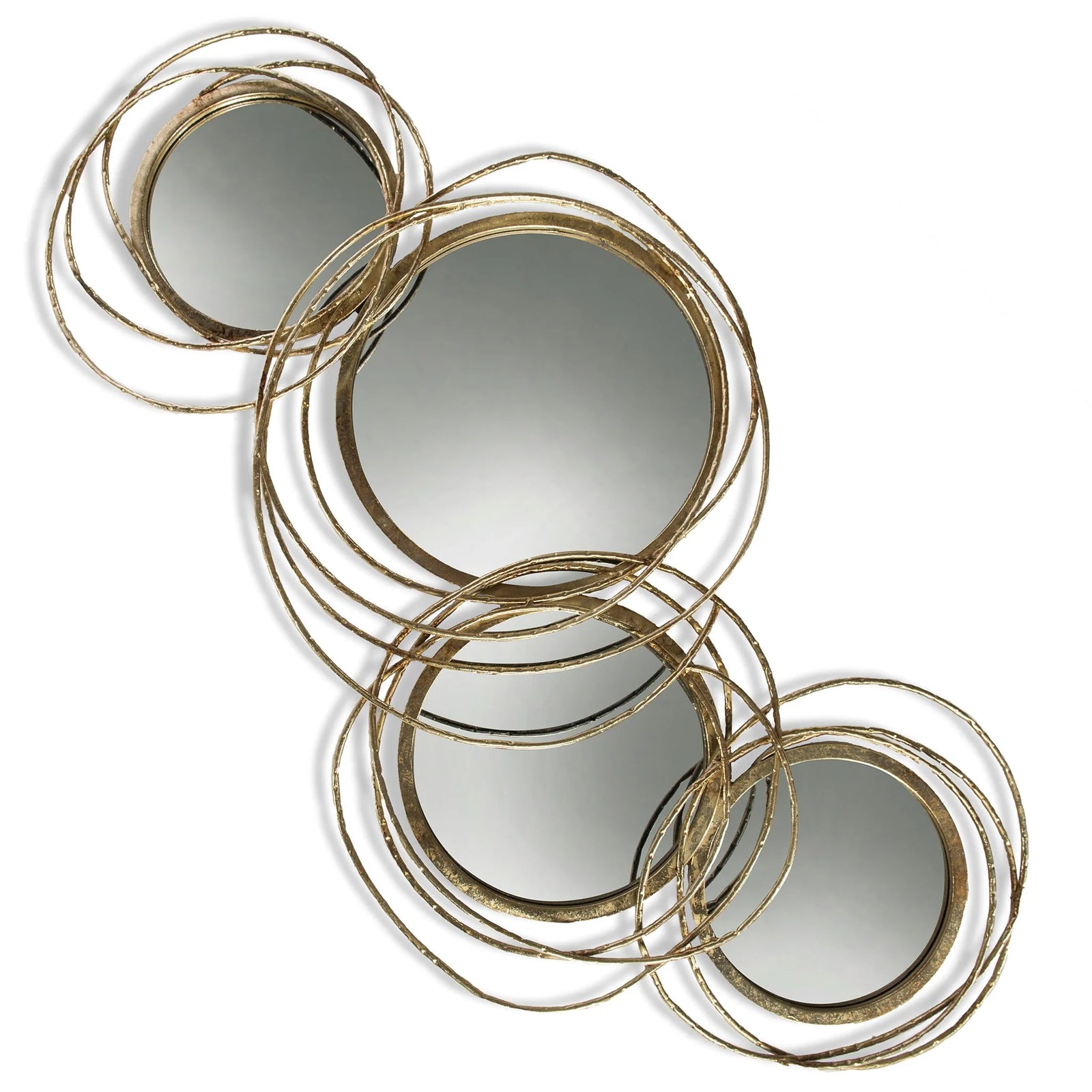 Decorative wall mirror with gold circular frames on a white background
