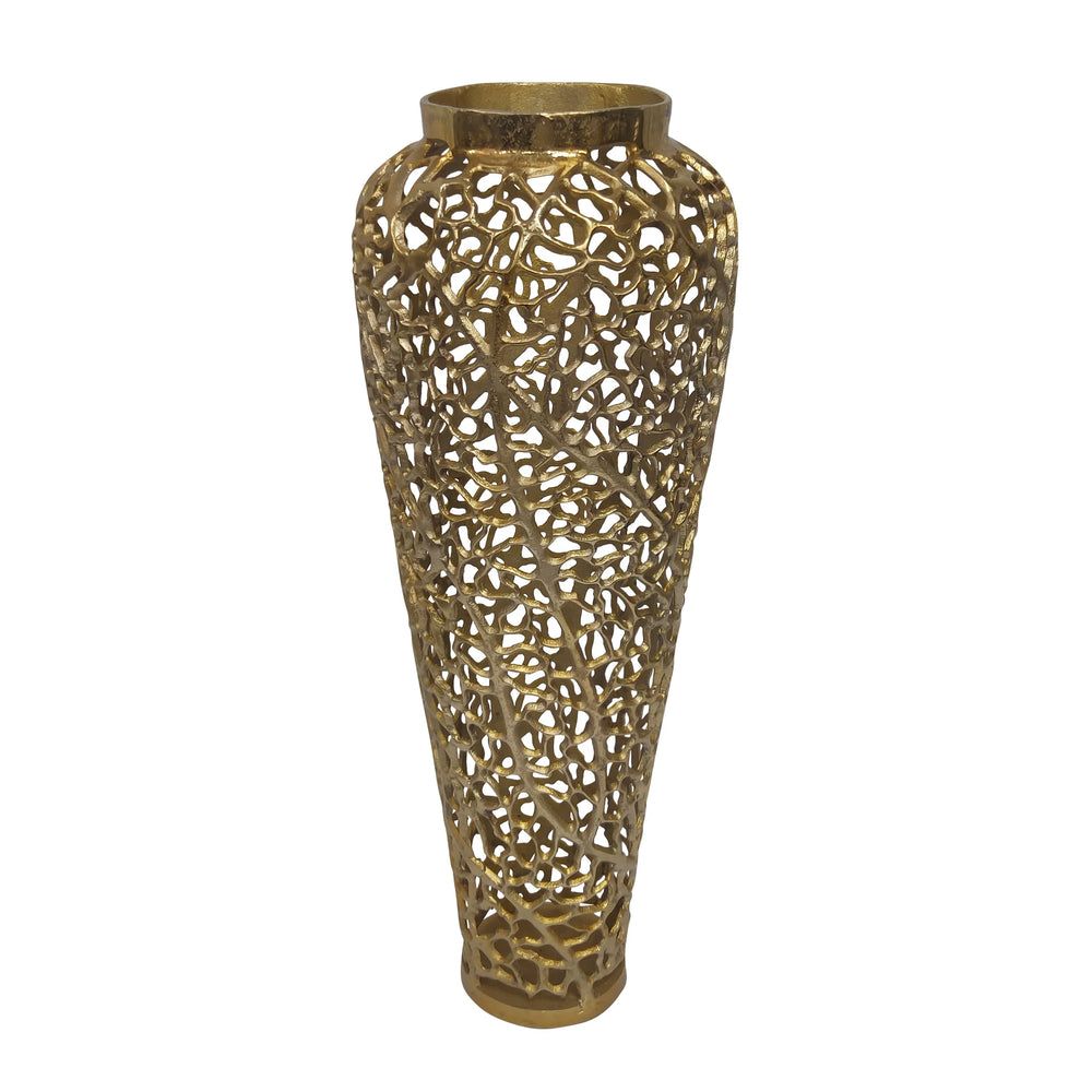 A tall decorative vase with a geometric cut-out pattern, primarily in gold color.