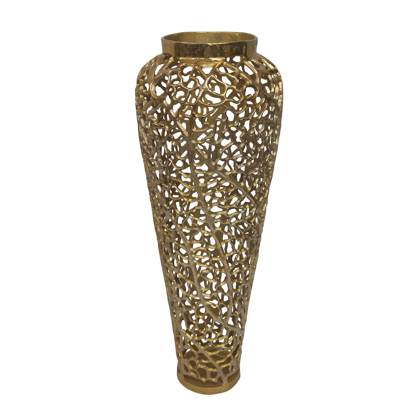 A tall decorative vase with a geometric cut-out pattern, primarily in gold color.