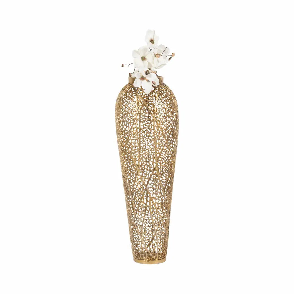 Decorative gold vase with floral arrangement on a white background