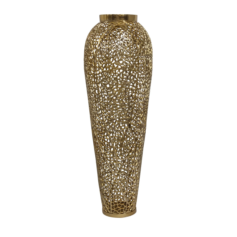 A tall, cylindrical, gold-colored floor vase with a geometric pattern