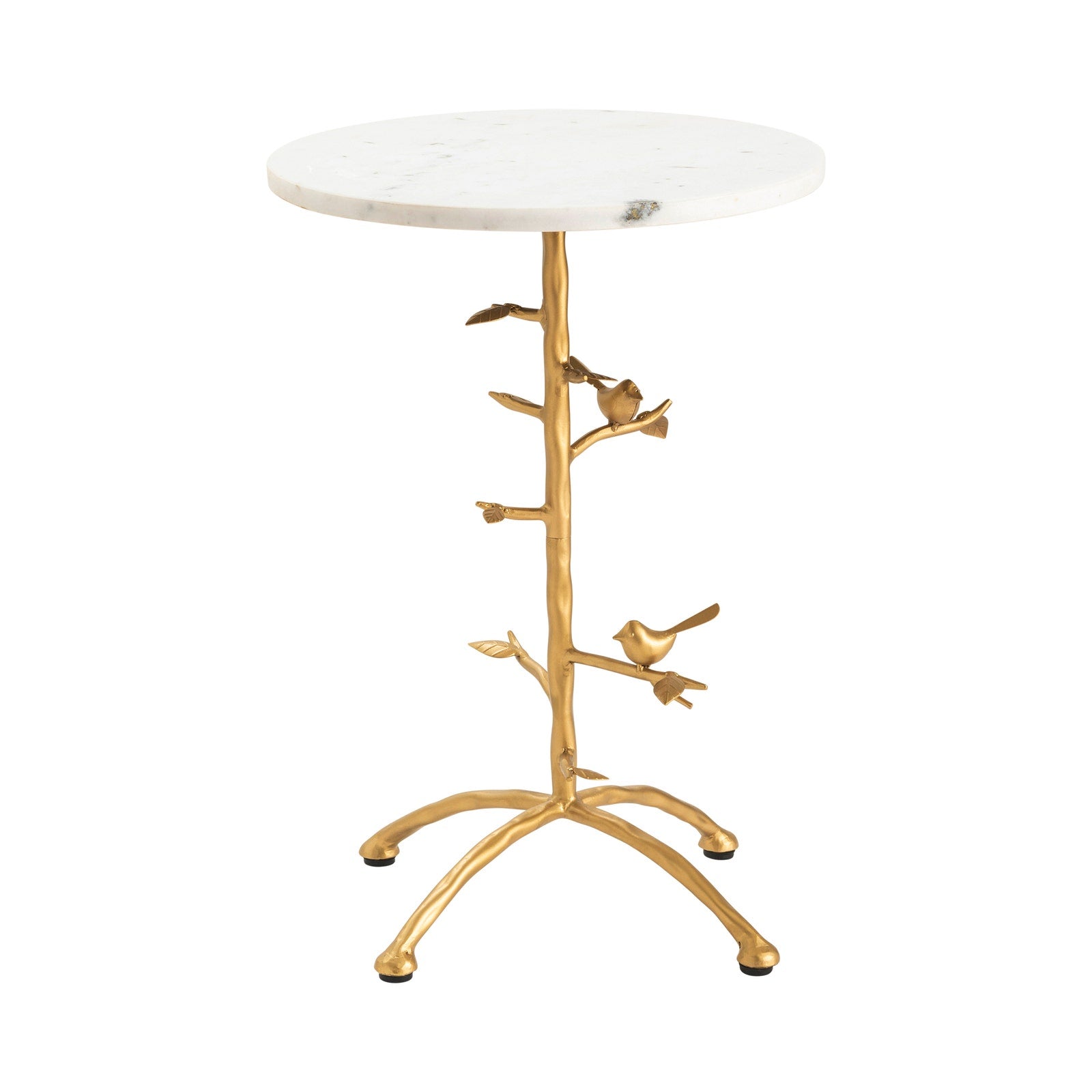 A round white marble accent table with a gold metal base featuring leaf and birds accents.