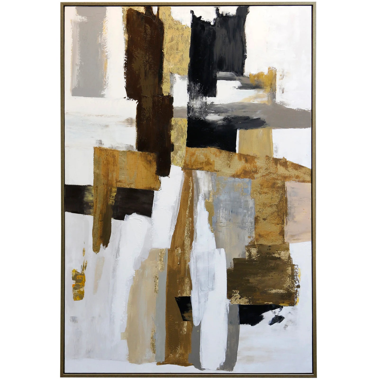 Abstract art painting with brown, black, and gold colors on a white background