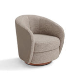 A gray upholstered swivel chair with a wooden base, fully covered in fabric, against a white background.