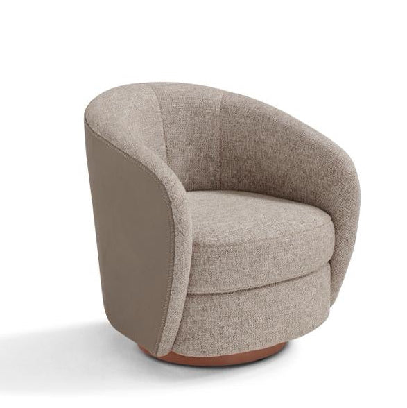 A gray upholstered swivel chair with a wooden base, fully covered in fabric, against a white background.
