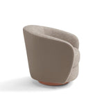 A gray upholstered swivel chair with a wooden base, fully covered in fabric, against a white background.