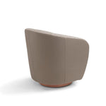 A gray upholstered swivel chair with a wooden base, fully covered in fabric, against a white background.